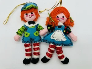 2 Vintage Felt Fabric Beaded Sequined Raggedy Ann & Andy Handmade Ornaments - Picture 1 of 6