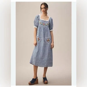 Anthropologie Tuckernuck Goa Gingham Puffärmel Midikleid in Blau $ 372 Small - Bild 1 von 5