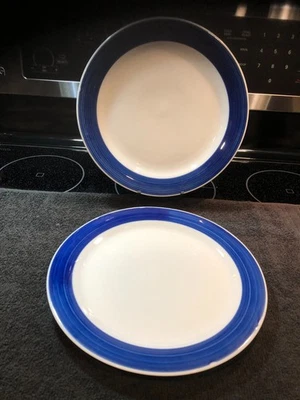 2 platos de cena diarios Gibson blancos con banda/adorno azul cobalto 9,75" Foto 1 de 4