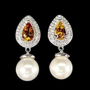 925 Sterling Silver Earrings Pear Citrine 8x5mm Mop Natural Gemstone Jewelry - Picture 1 of 14