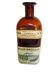 botella boticario antigua nelson baker detroit mi ámbar botella química con etiquetas - Imagen 1 de 10