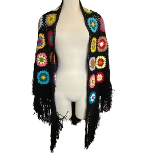Granny Square Crochet shawl black fringe boho gypsy hippie one size - Picture 1 of 8