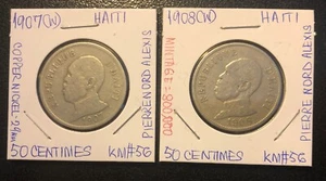 1907,1908 Haiti 50 Centimes SET OF 2Copper-Nickel Coins-Pierre Nord Alexis-KM#56 - Picture 1 of 6