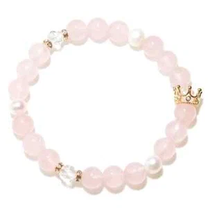 Women Crown Natural Rose Quartz Pearl 14K Gold Pink Crystal Elastic Bracelet - Picture 1 of 4