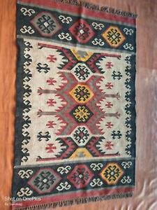 4 x 6 Feet Hand Woven Hippie Area Jute Wool Rugs Indian Beige Geometric Carpet