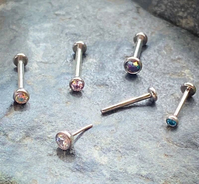 1pc Titanium Push In Bezel Gem Labret Threadless Stud Lip Ring Helix Cartilage - Image 1 of 4