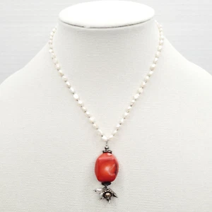 Vintage Brighton Red Coral Stone & White Freshwater Pearls Necklace 16" - Picture 1 of 6