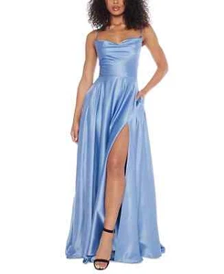 B Darlin Juniors Cowlneck Lace-Up-Back Maxi Dress Color Chambray Size 15/16 - Picture 1 of 3