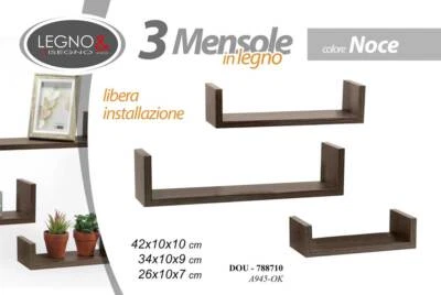 Set 3 Mensole da Parete Moderne Design Mensola Scaffale + KIT ISTAL Legno NOCE - Immagine 1 di 2