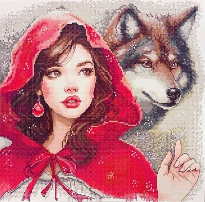 JOY SUNDAY Girl In Red With Wolf - 14 Count Cross Stitch Kit - Aida Size 36 x 36cm