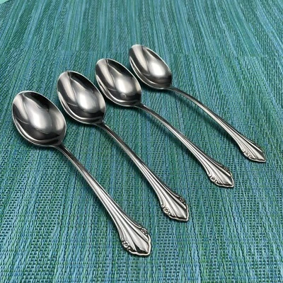 4 Vtg Oneida 1881 Rogers BITTERSWEET REPOSE Stainless SOUP SPOONS  Flatware - Image 1 of 4