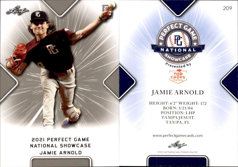 JAMIE ARNOLD 2021 LEAF PERFECT GAME NATIONAL SHOWCASE ROOKIE CARD #209 - Image 1 of 1