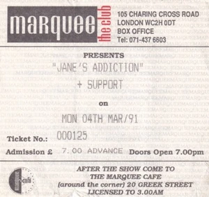 JANE'S ADDICTION - 1991 LONDON CONCERT TICKET STUB - VERY RARE! - Picture 1 of 1