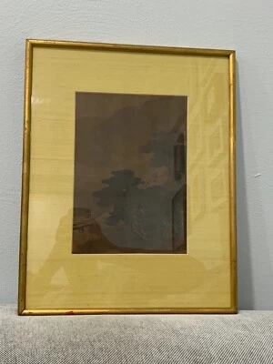 Antigua acuarela china o japonesa pintura árboles paisaje y figura Foto 1 de 4
