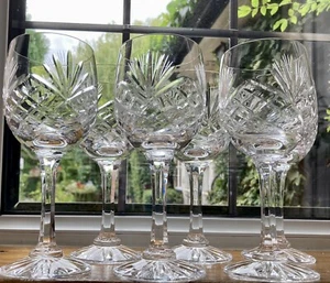 Set of 6 Hand Cut Bohemian Lead Crystal Long stemmed Wine Glasses 17cm X 6cm Dia - Picture 1 of 7