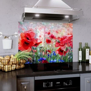 Glass Splashback Kitchen Tile Cooker Wall Panel Print ANY SIZE Poppies Flowers - Picture 1 of 12