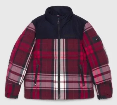Tommy Hilfiger Mens Check New York Puffer Hooded Coat Red White Blue Sz Medium - Image 1 of 4
