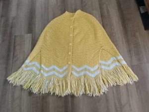 Vintage Yellow /WHT Handmade Button Up Knit Crochet Fringe Sweater Cape Poncho - Picture 1 of 7