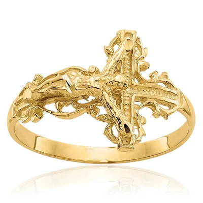 Anillo Cruz Crucifijo Jesús Oro Amarillo Sólido 14K Foto 1 de 4