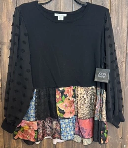 JOHN MARK Large RUFFLE TRIM PATCHWORK PUFF SLEEVE KNIT BLOUSE TOP NEW $129 - Picture 1 of 12