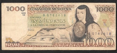 Billete fino circulado México 1000 pesos 1982 serie TF Foto 1 de 2