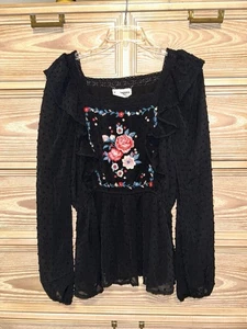 Camisa Blusa Savanna Jane Negra Floral Bordada Volantes Manga Larga Talla Grande - Imagen 1 de 4