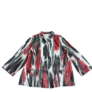 Chaqueta Chico's Talla 3 Roja Negra Estampado Abstracto Botón Frontal Capa Ligera - Imagen 1 de 10