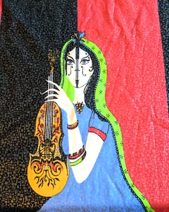 Vintage Black Red Guitar Woman Abstract Stretch Fabric 56" 3.3/4 Yard Piece - Picture 1 of 5