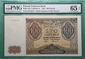 1941 POLAND EMISSION BANK 100 ZLOTYCH P# 103 PMG 65 EPQ GEM UNC - Picture 1 of 2