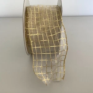 Kirkland Organza & Gold Grid Check Wide Wired Ribbon 13.5mx5.7cm(14.75ydx2.5") - Picture 1 of 4