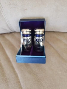 William Adams Salt Pepper Shaker Silver Plate Japan Cobalt Blue Glass Set of 2   - Picture 1 of 12