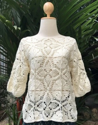 Top para mujer tejido a mano ganchillo bambú pulpa color marfil manga corta talla XL Foto 1 de 4