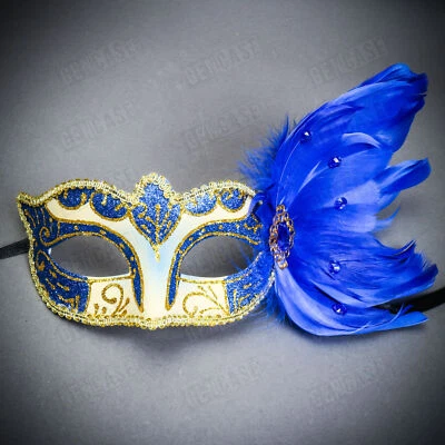 Venetian Blue Feather & Glitter Women Eyes Mask | Masquerade Prom Ball Party - Image 1 of 4