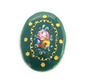  Antique Oval Hunter Green Enamel Gold Flower Floral Design Plaque  23.5 mm #B69 - Picture 1 of 2