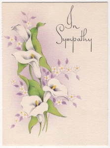 Tarjeta de felicitación de simpatía vintage con flores de lirios de mediados de siglo frente e interior - Imagen 1 de 2