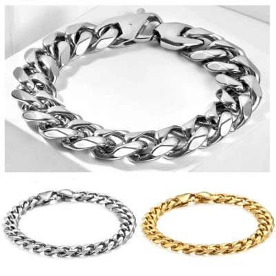 11/14.5mm Curb Link Bracelet Silver/Gold Plated 316L Stainless Steel Mens Chain - Image 1 of 4