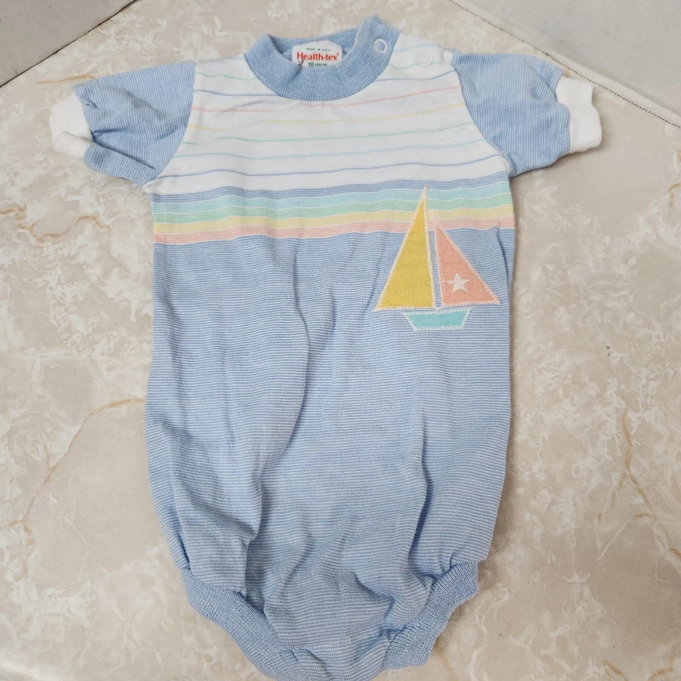 Vintage HEALTH-TEX Knit Bodysuit Baby Infant Sz 18M Sailboat Nautical Pastel - Image 1 of 4