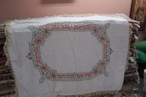Vintage 1960's Hand Embroidered Cross Stitch Linen Tablecloth 50" x 64" Fringes - Picture 1 of 9