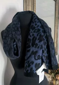 KATE SPADE LEOPARD PRINT SCARF MUFFLER BLACK/ BLUE RECTANGULAR 88 X 12"NWT $ 118 - Picture 1 of 8