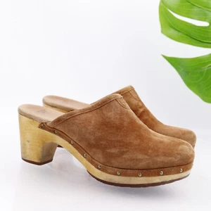 UGG Women's Abbie Mule Size 8 Wood Heel Clog Shearling Sherpa Shoe Brown Suede - Picture 1 of 12