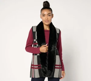 Denim & Co. Gilet con orlo in pelliccia sintetica nero a quadri 3 volte nuovo - Foto 1 di 4