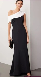 BADGLEY MISCHKA Black Asymmetrical Sleeves Maxi Gown 10 Fitted Trumpet Skirt - Picture 1 of 15
