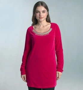 Flattering Sweater Rounded Jeweled Neck Red Tunic Top Shirt by Lavanya Size S - Picture 1 of 7