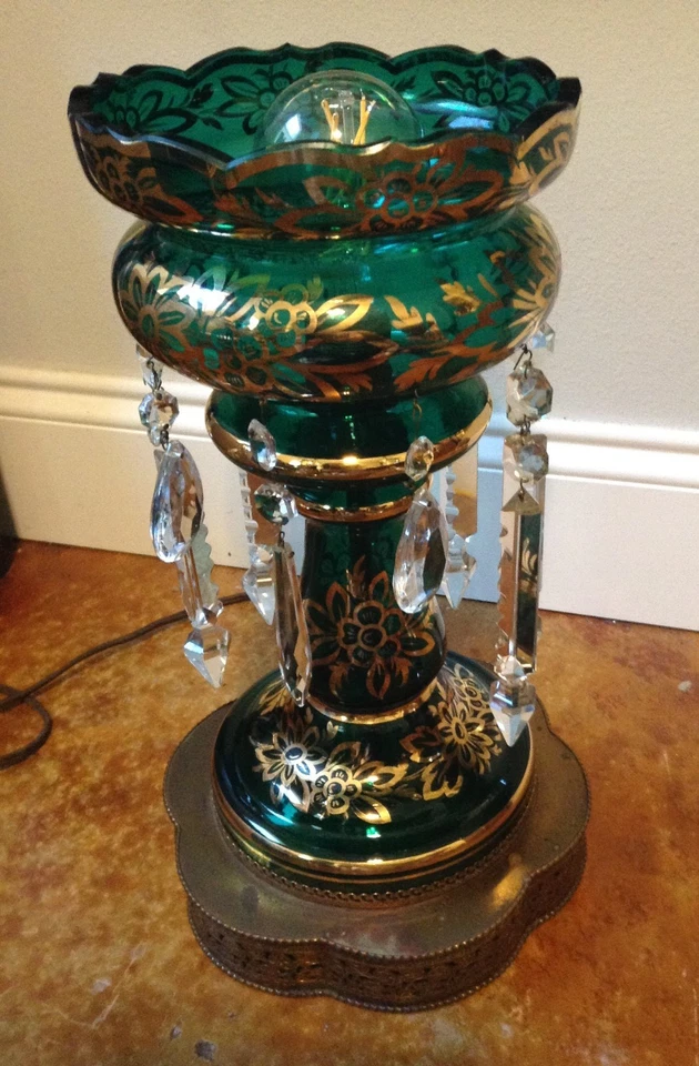 Antique Chech Bohemian Hand Painted Emerald Green Glass Art Luster Table Lamp - Image 1 of 4