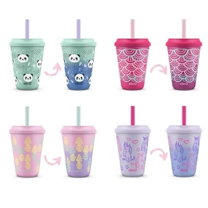 Kids Plastic Reusable Color Changing Cups with Twist on Splash-Proof Lids and... - Picture 1 of 5