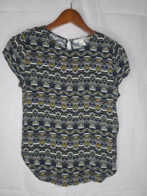 H&M Blouse Black Yellow Tribal Geometric Short Sleeve Keyhole Cutout Size 4 - Image 1 of 4
