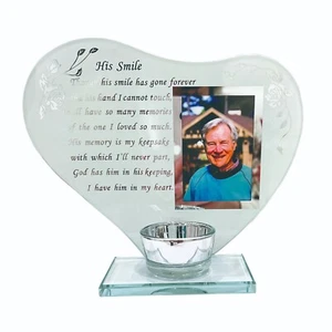 Memorial Heart Photo Frame with Tealight Candle Holder- His Smile -Sympathy Gift - Picture 1 of 2