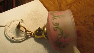 Antique Cast Iron & Brass Pendent Light Fixture & Pink and Green Shade - Picture 1 of 3