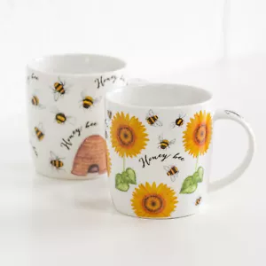 Set of 2 Honey Bee Barrel Mugs White Fine China 350ml 12oz Tea Coffee Cups Gift - Picture 1 of 5