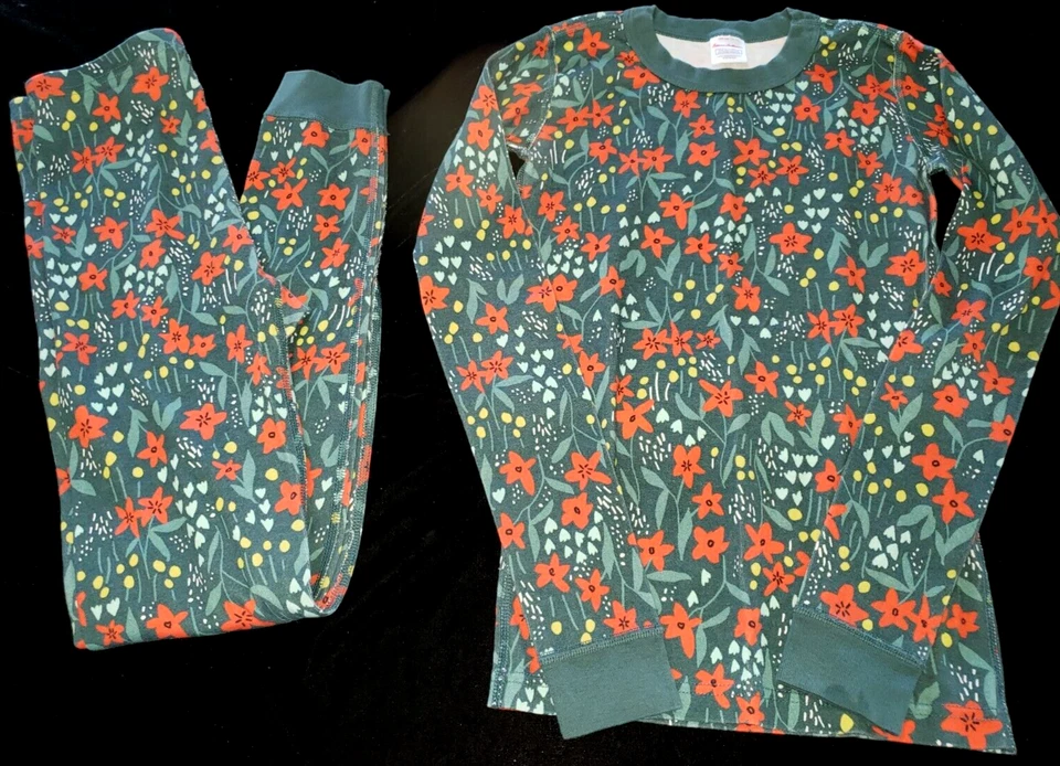 HANNA ANDERSSON girls green flower PAJAMAS size 12 150 2 pc set SLEEPWEAR NICE! - Image 1 of 1